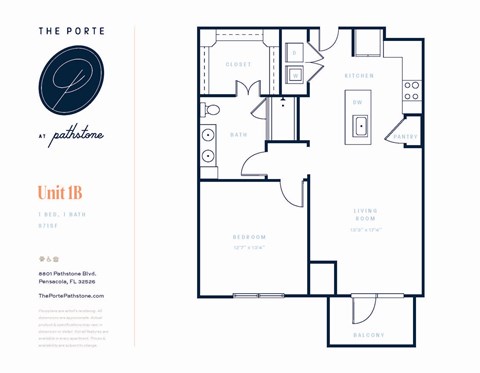 Floor plan for 1 bed, 1 bath, 871 sqft
